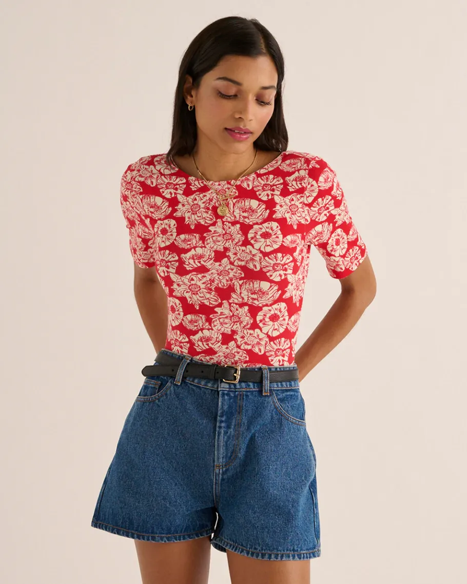 Tee-Shirts Et Bodies|Balzac Body Heureuse Imprime Flower Party Rouge Et Ecru