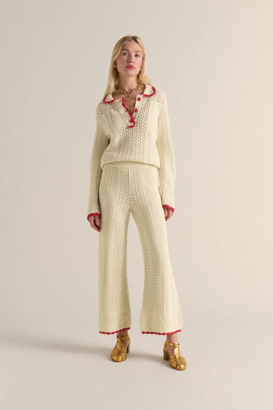 Pantalons|Balzac Pantalon Paysage Ecru Et Lisere Rouge
