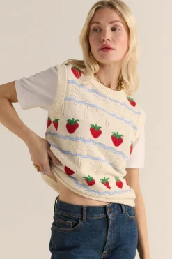 Pulls Et Cardigans|Balzac Pull Priska Ecru Et Fraises Rouges