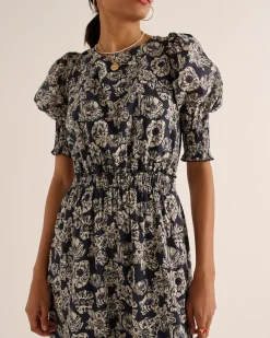Robes|Balzac Robe Celesta Imprime Flower Party Rayures Marine Et Ecru